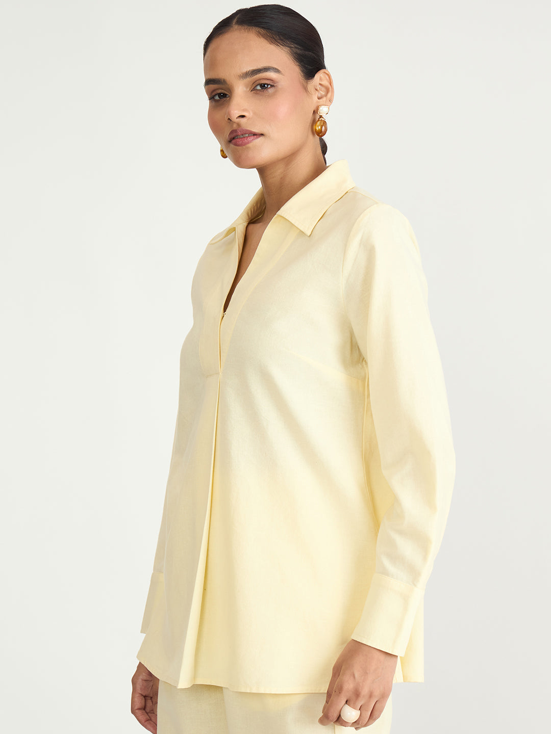Butter Yellow Cotton Linen Pleat Detail Tunic