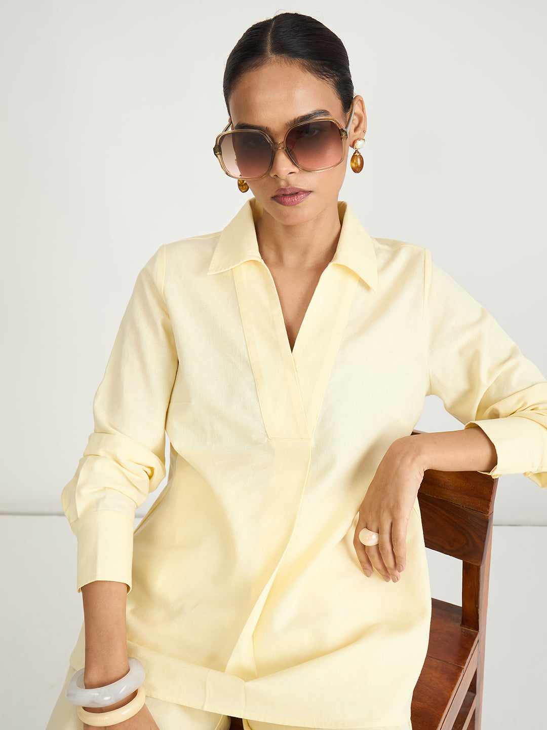 Butter Yellow Cotton Linen Pleat Detail Tunic