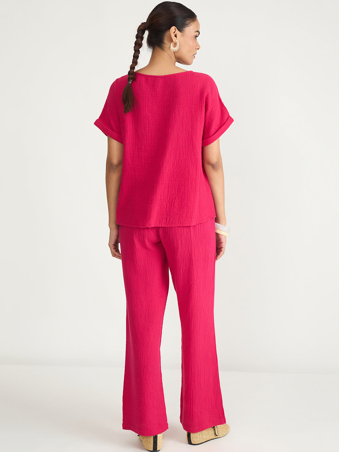 Pink Cotton Gauze Round Neck Co-Ord Set