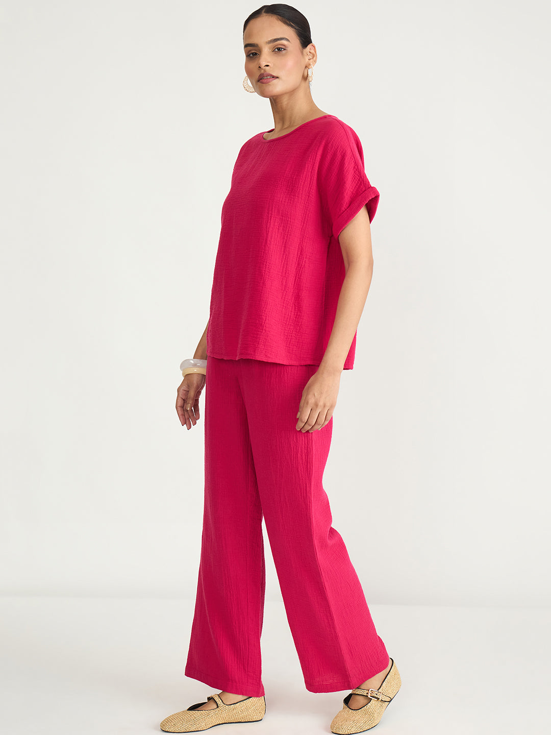 Pink Cotton Gauze Round Neck Co-Ord Set