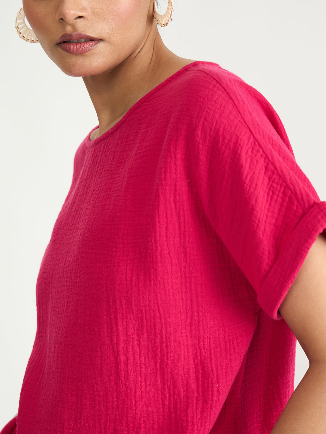 Pink Cotton Gauze Round Neck Co-Ord Set