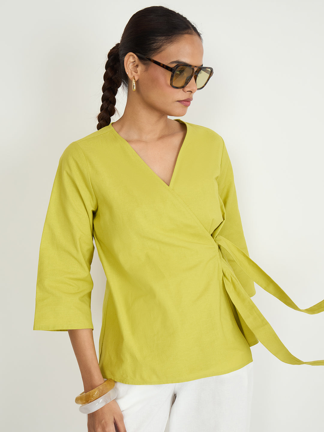 Citrine Green Cotton Linen Wrap Top