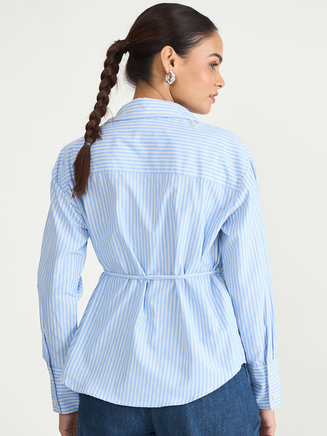 Blue Stripe Tie-Up Belt Shirt