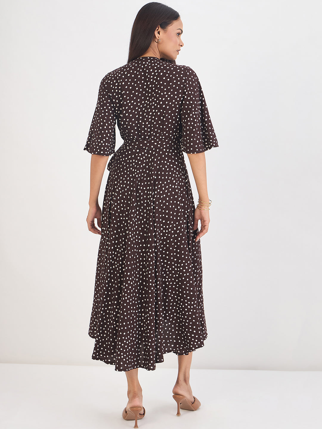 Brown Polka Wrap Midi Dress