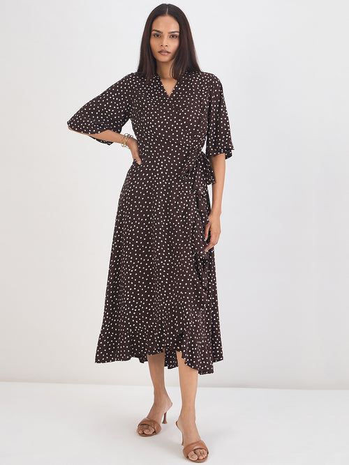 Brown Polka Wrap Midi Dress
