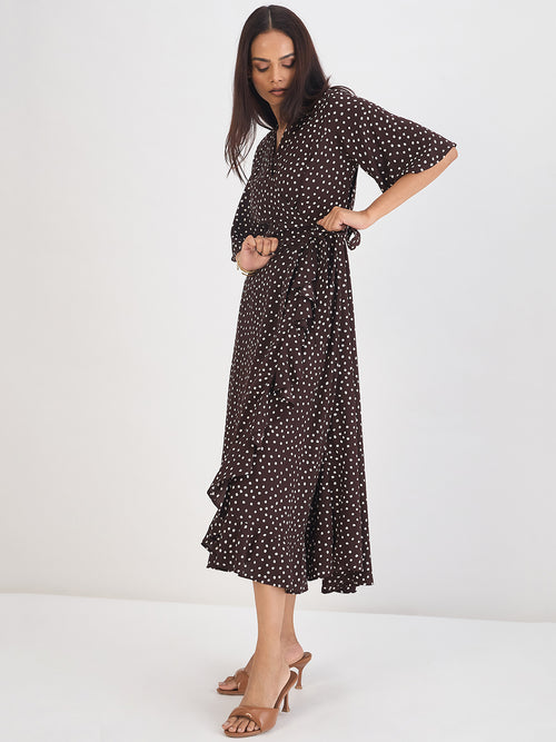 Brown Polka Wrap Midi Dress