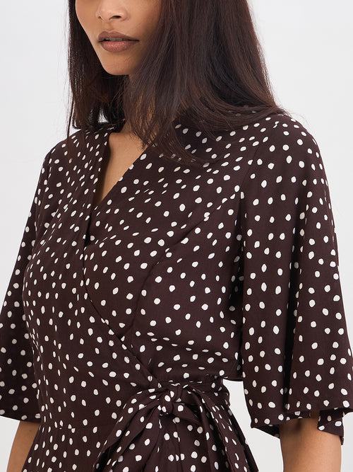 Brown Polka Wrap Midi Dress
