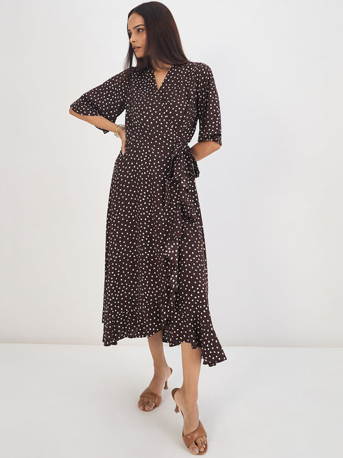Brown Polka Wrap Midi Dress