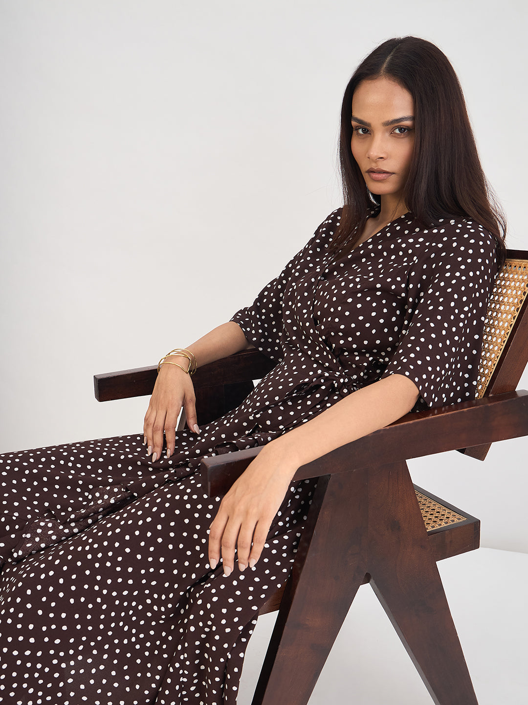 Brown Polka Wrap Midi Dress
