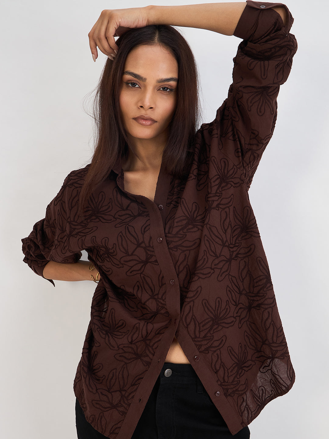 Coffee Brown Embroidered Cotton Shirt