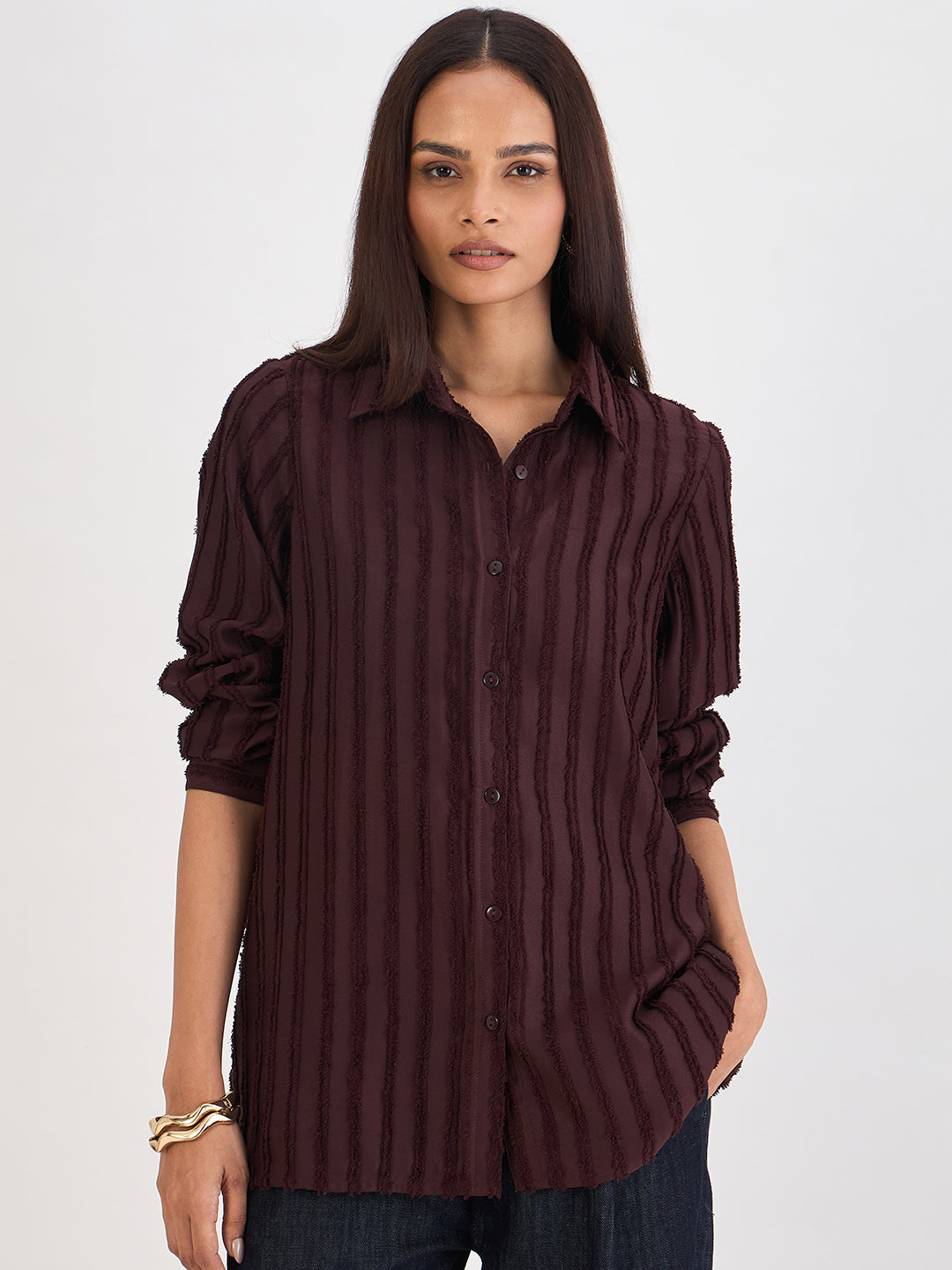 Coffee Brown Textured Button Down Shirt