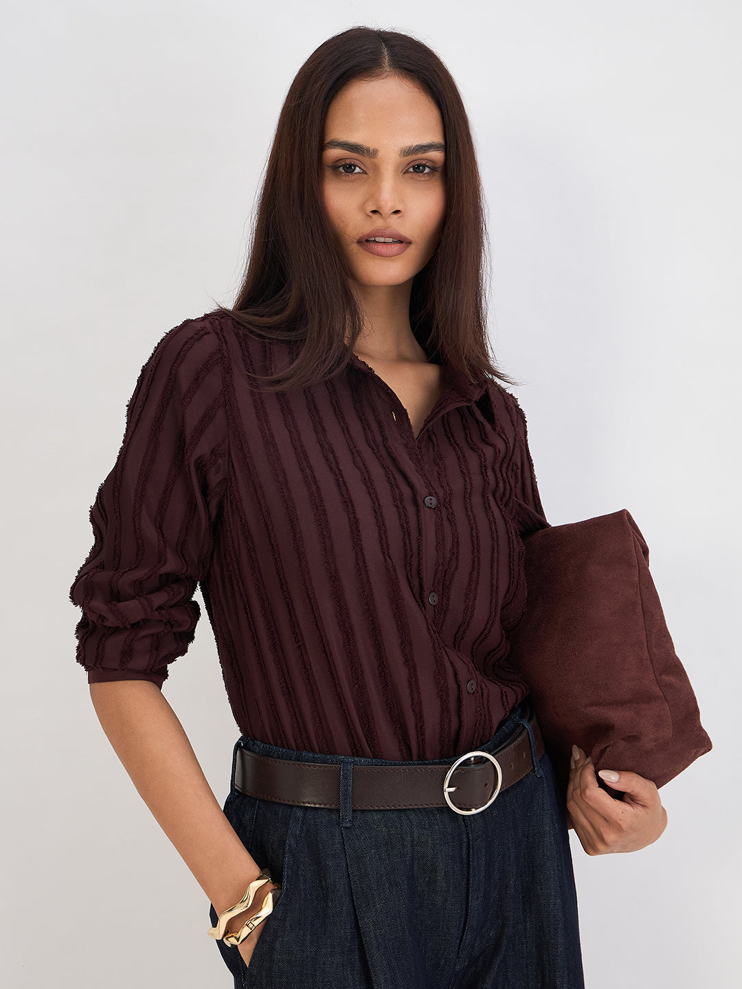 Coffee Brown Textured Button Down Shirt