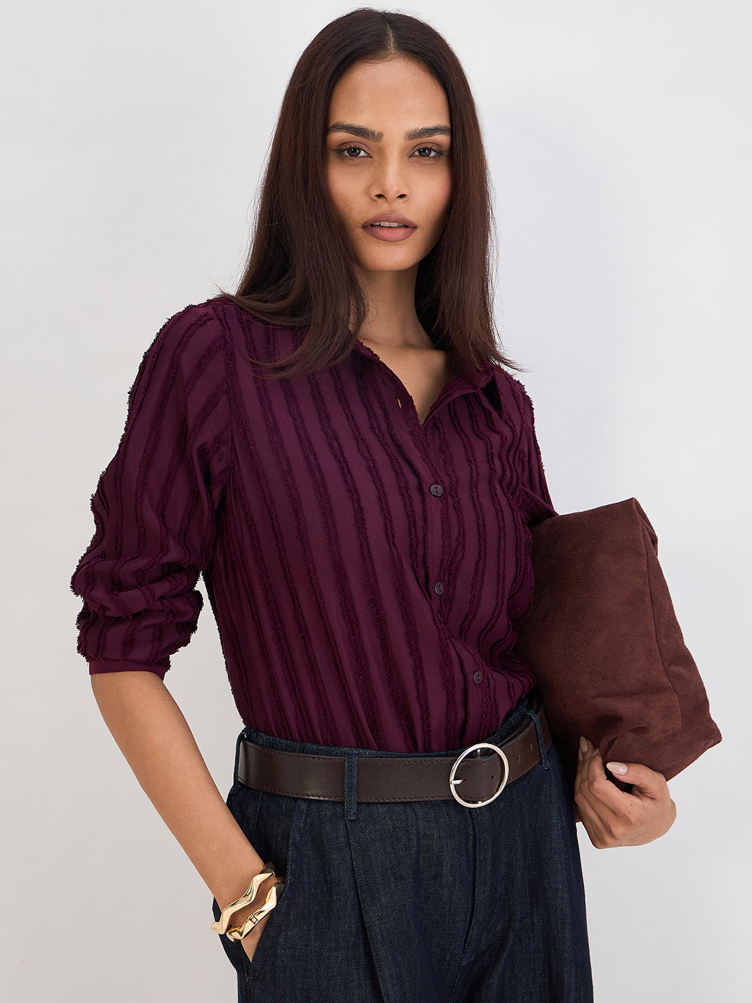 Wine Textured Button Down Shirt