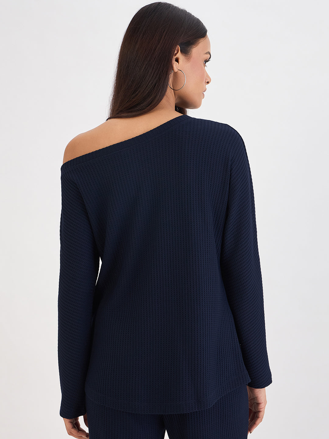 Navy Waffle Knit One Shoulder Top
