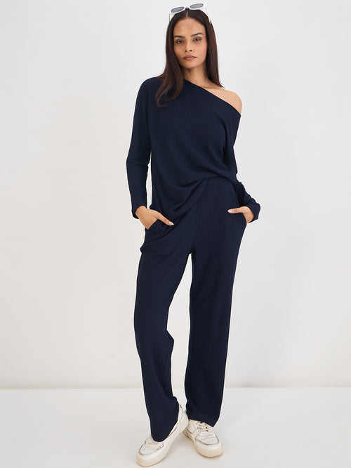 Navy Waffle Knit Straight Pants