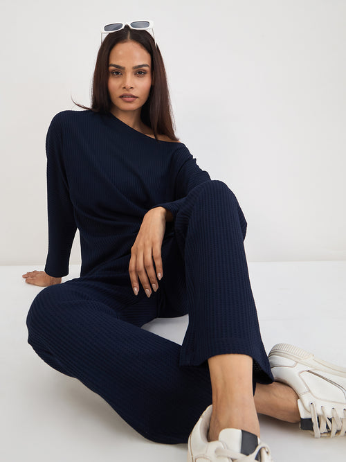 Navy Waffle Knit Straight Pants