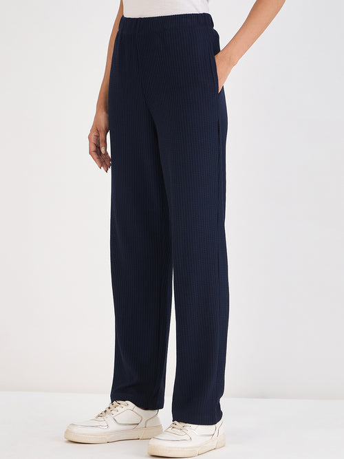 Navy Waffle Knit Straight Pants