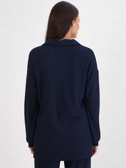 Navy Waffle Knit Collar Detail Top