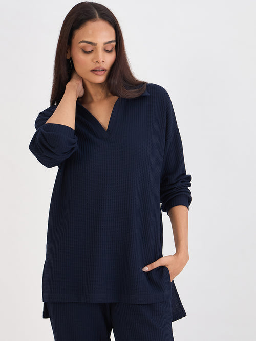 Navy Waffle Knit Collar Detail Top