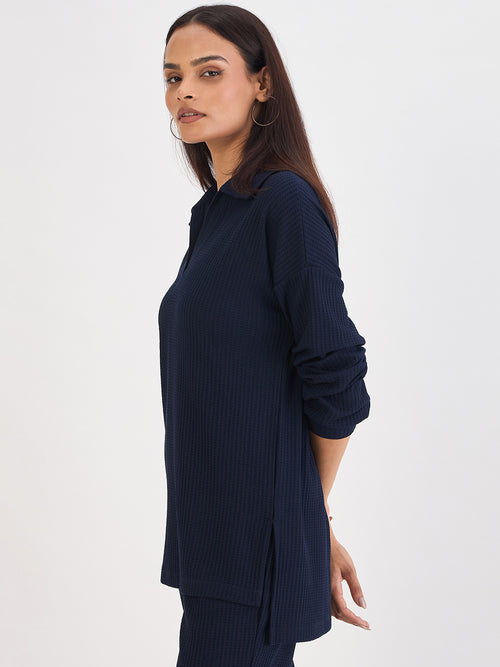 Navy Waffle Knit Collar Detail Top