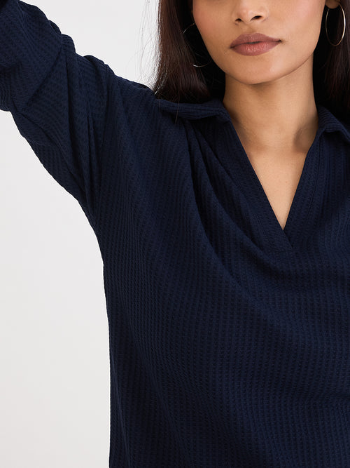 Navy Waffle Knit Collar Detail Top