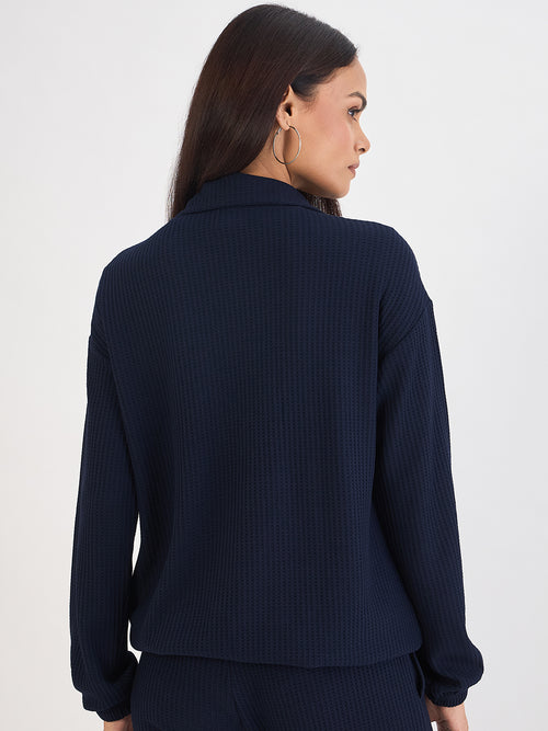 Navy Waffle Knit Zip Up Top
