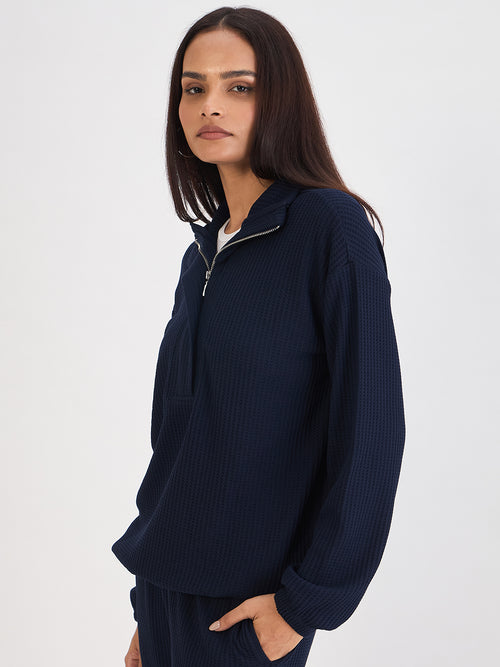 Navy Waffle Knit Zip Up Top