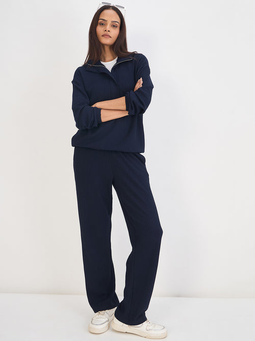 Navy Waffle Knit Zip Up Top