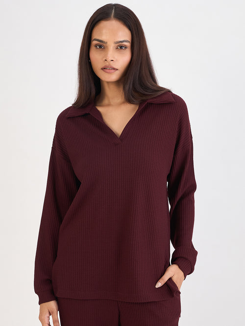 Wine Waffle Knit Collar Detail Top