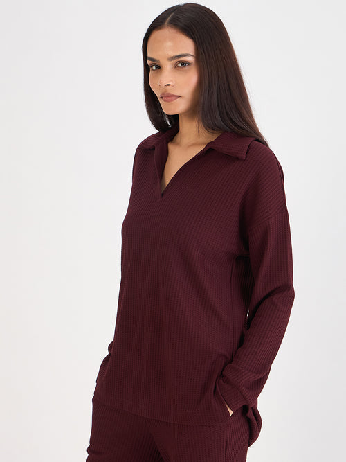 Wine Waffle Knit Collar Detail Top