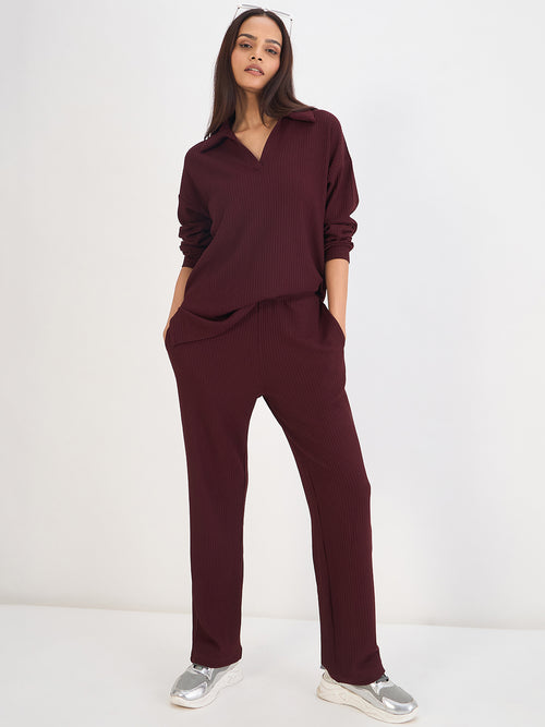 Wine Waffle Knit Collar Detail Top