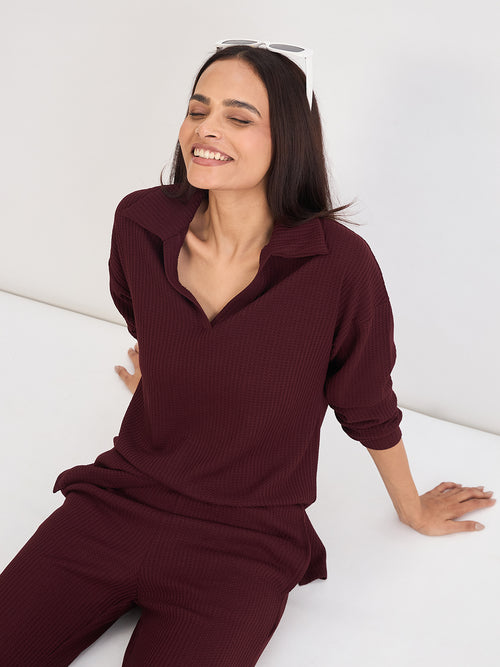 Wine Waffle Knit Collar Detail Top