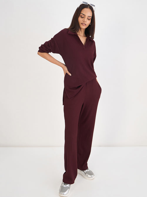 Wine Waffle Knit Straight Pants