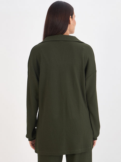 Olive Waffle Knit Collar Detail Top
