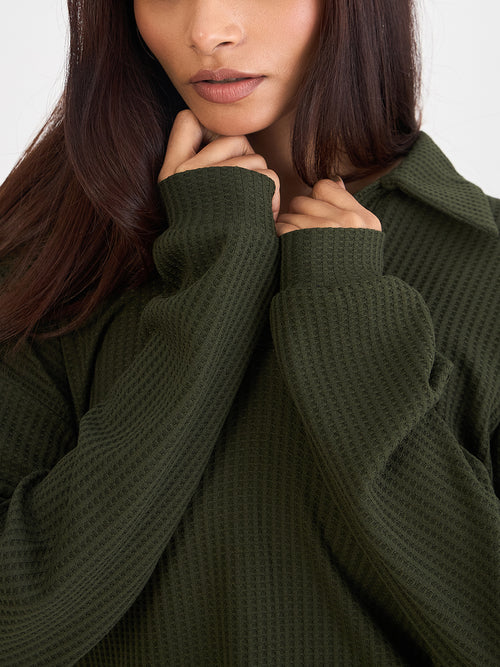Olive Waffle Knit Collar Detail Top