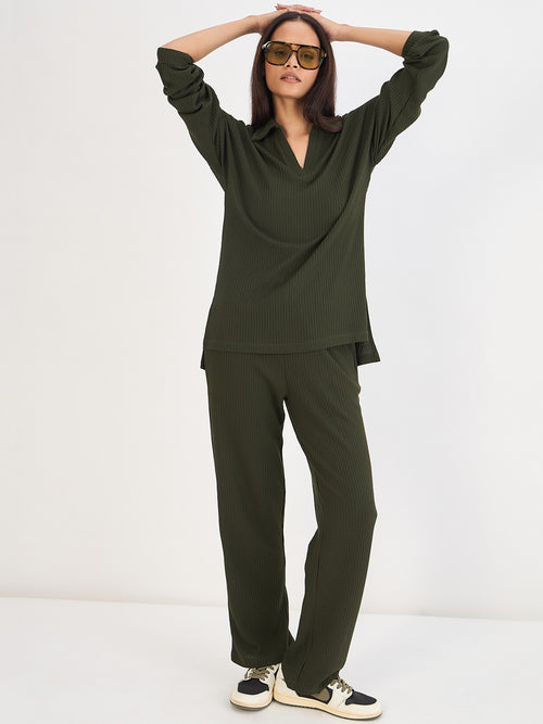 Olive Waffle Knit Collar Detail Top