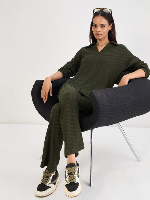 Olive Waffle Knit Straight Pants