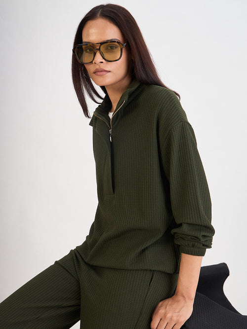 Olive Waffle Knit Zip Up Top