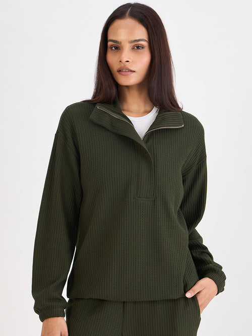 Olive Waffle Knit Zip Up Top