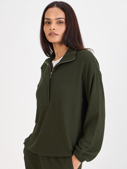 Olive Waffle Knit Zip Up Top