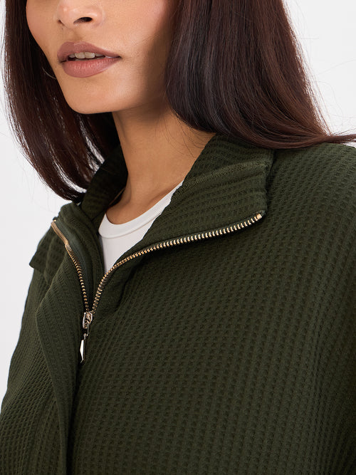 Olive Waffle Knit Zip Up Top