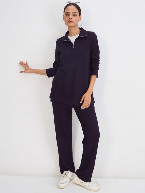 Deep Purple Waffle Knit Straight Pants