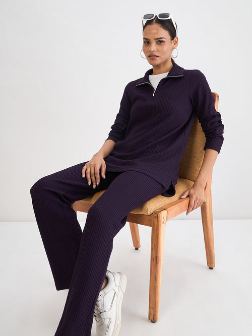 Deep Purple Waffle Knit Straight Pants