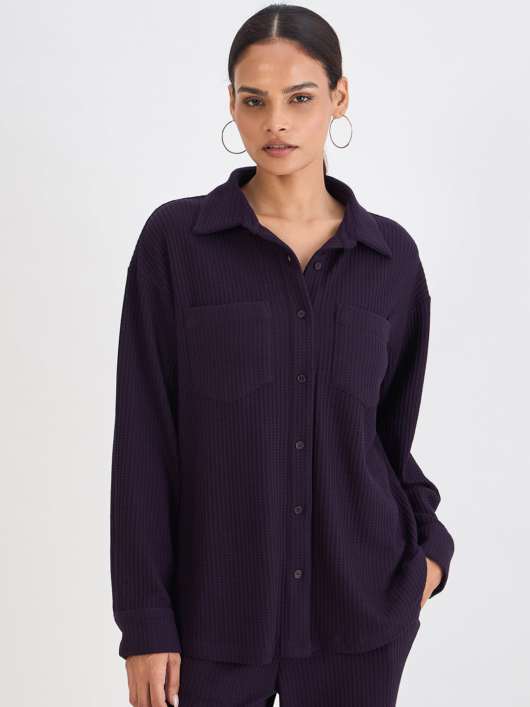 Deep Purple Waffle Knit Button Down Shirt