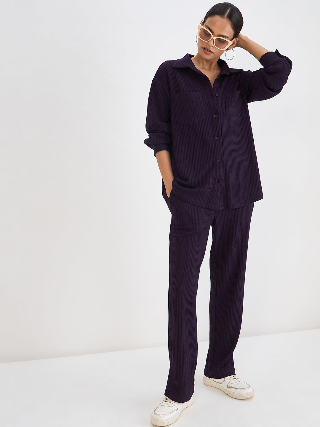 Deep Purple Waffle Knit Button Down Shirt