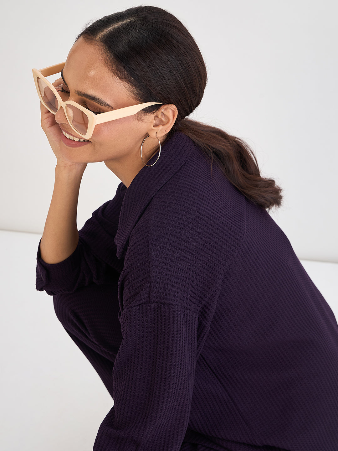 Deep Purple Waffle Knit Button Down Shirt