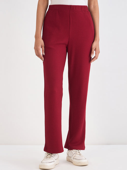Deep Red Waffle Knit Straight Pants