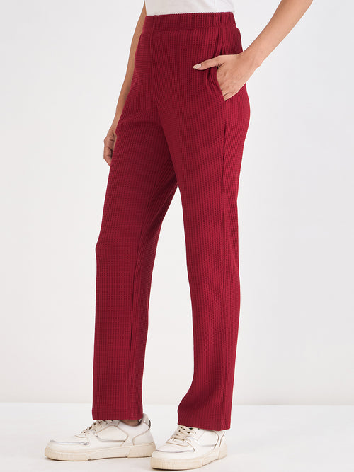 Deep Red Waffle Knit Straight Pants