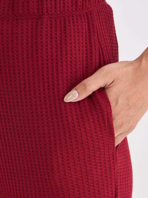 Deep Red Waffle Knit Straight Pants