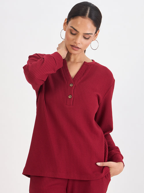 Deep Red Waffle Knit Notch Neck Top